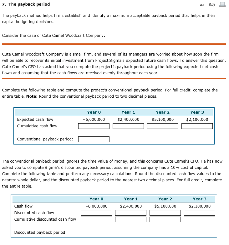 7. The payback period Aa Aa The payback method helps firms