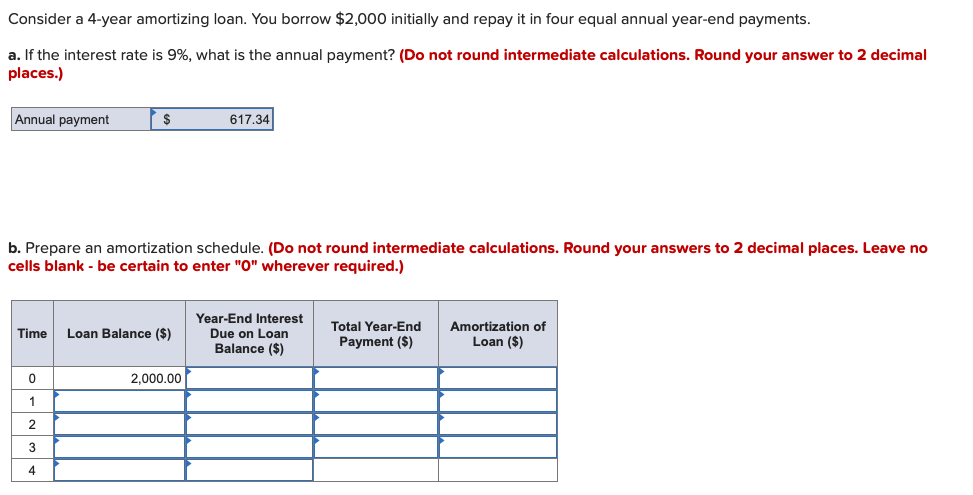 Consider a 4-year amortizing loan. You borrow $2,000 initially and repay it