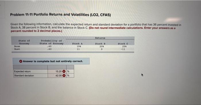  Problem 11-11 Portfolio Returns and Volatilities (LO2, CFA5) Given the following