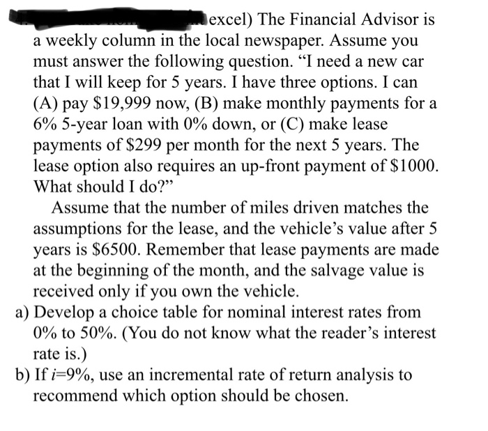  excel) The Financial Advisor is a weekly column in the local
