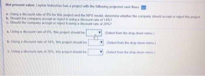  Net present value. Lepton Industries has a project with the following