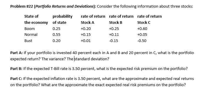 Problem #22 (Portfolio Returns and Deviations): Consider the following information about