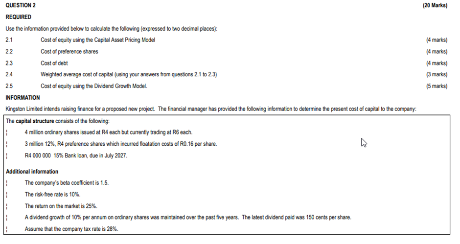  QUESTION 2 (20 Marks) REQUIRED Use the information provided below to
