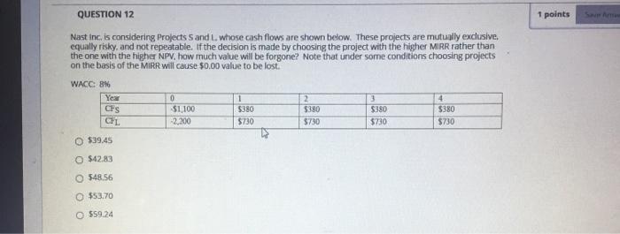  QUESTION 12 1 points Nast Inc. is considering Projects S and