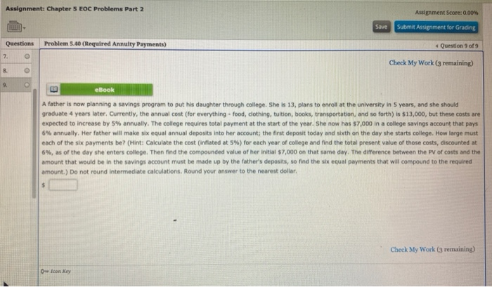  Assignment: Chapter 5 EOC Problems Part 2 Assignment Score: 0.00% Save