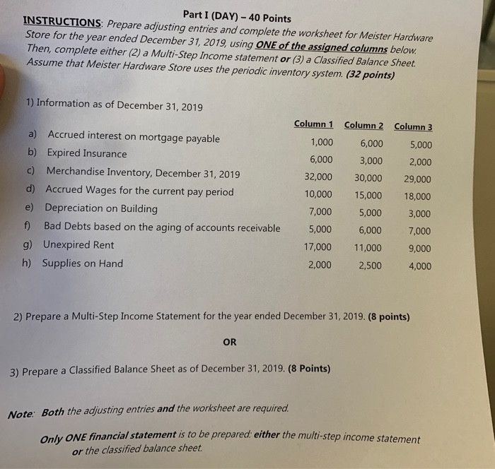  Part I (DAY) - 40 Points INSTRUCTIONS Prepare adjusting entries and