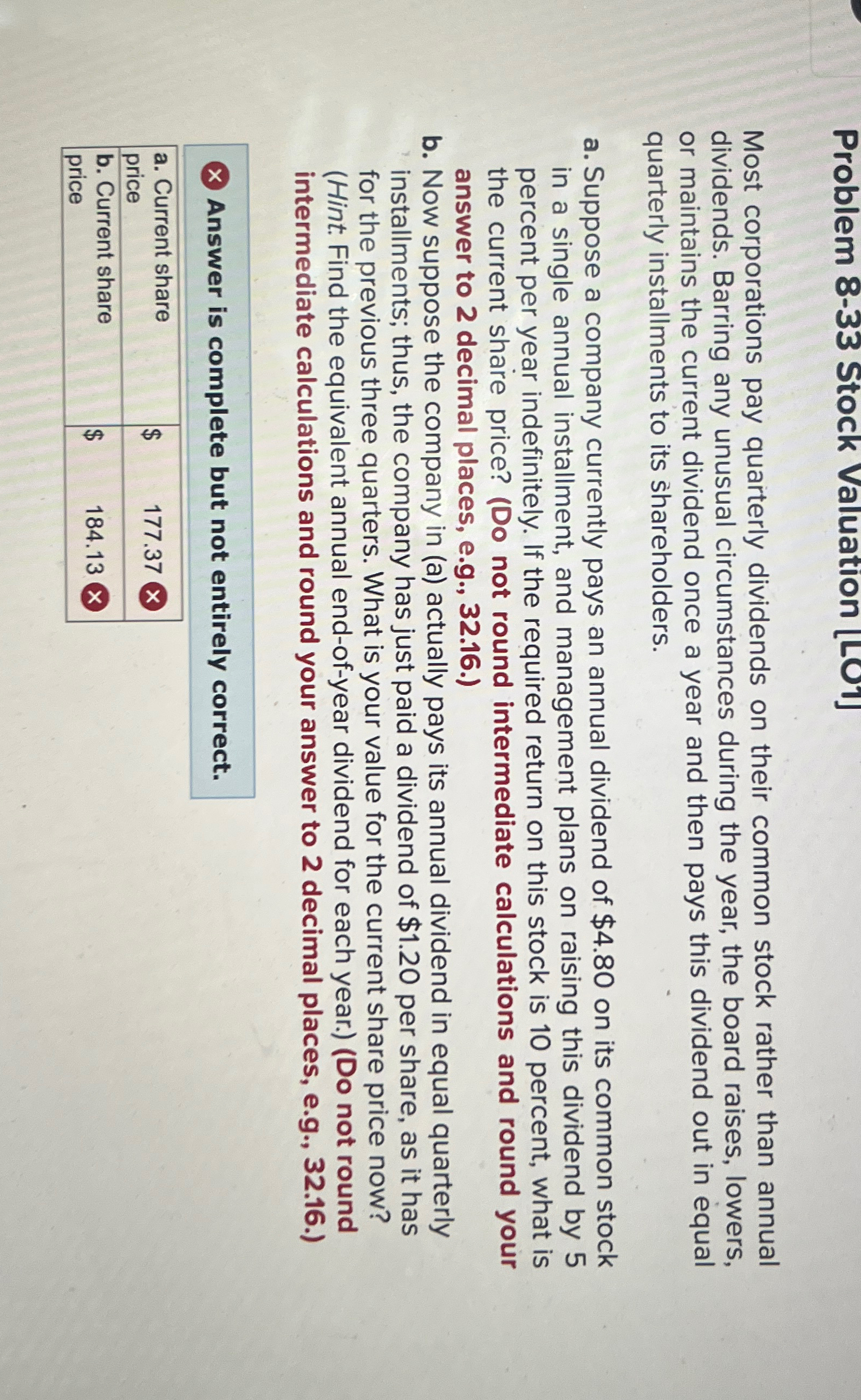  Problem 8-33 Stock Valuation [LO1] Most corporations pay quarterly dividends on