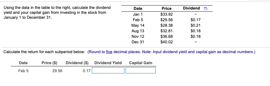 Date Dividend Using the data in the table to the right,