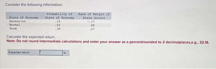 Consider the following information: Calculate the expected return. Note: Do not