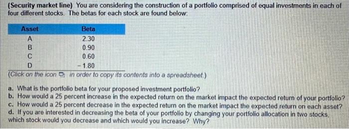 PLEASE HELP!! (Security market line) You are considering the construction of a