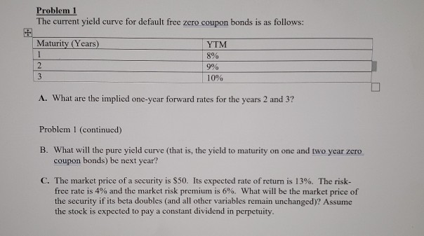 please show work. thank you. Problem 1 The current yield curve for