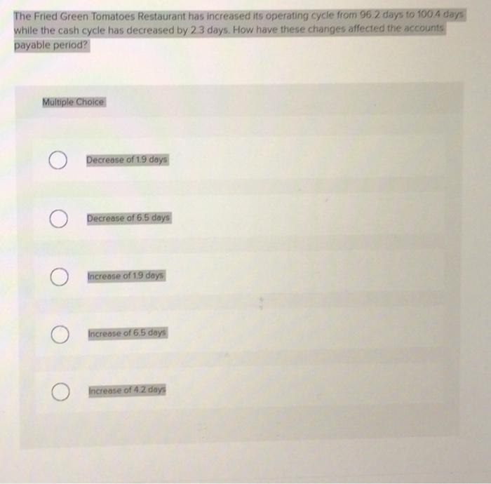 please helppp The Fried Green Tomatoes Restaurant has increased its operating cycle