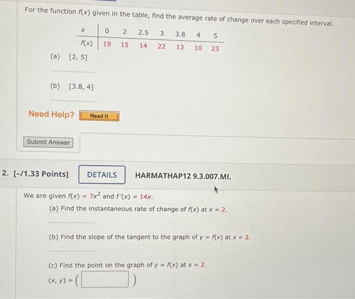  For the function f(x) given in the table, find the average