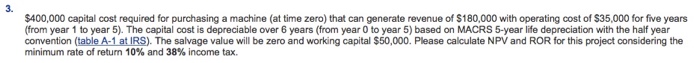  $400,000 capital cost required for purchasing a machine (at time zero)