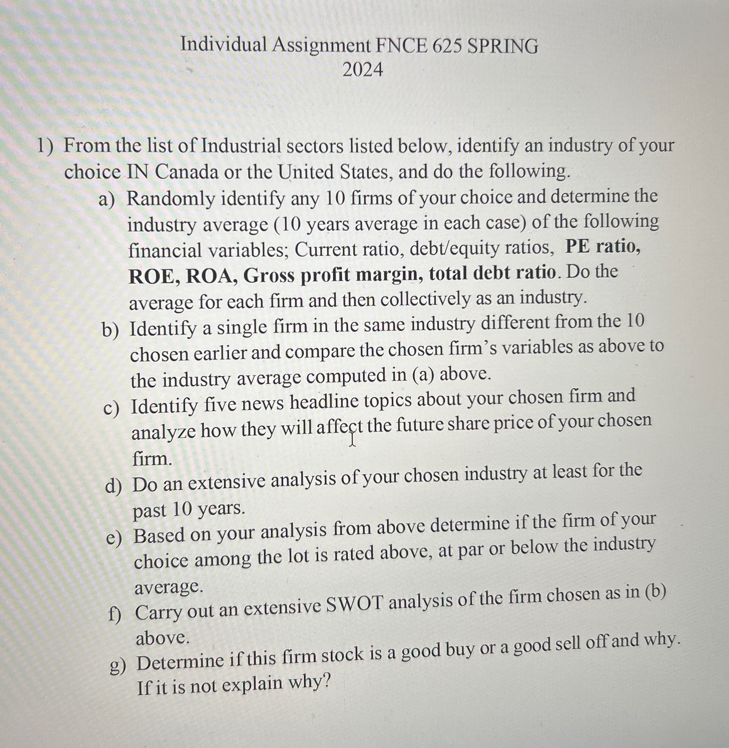 Individual Assignment FNCE 625 SPRING 2024 From the list of Industrial