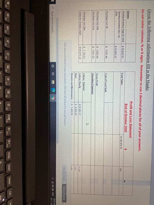30 2020 Opening inventory Nov 1st 2020 Profit and Loss Statement End