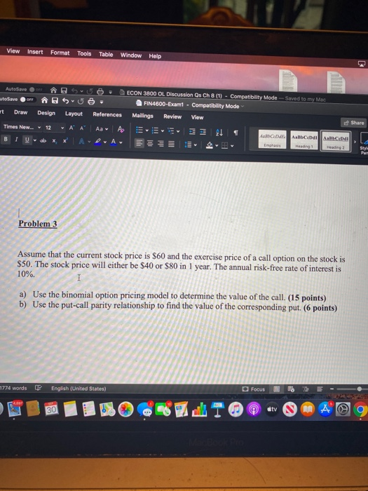  View Insert Format Tools Table Window Help AutoSave Save ECON 3800