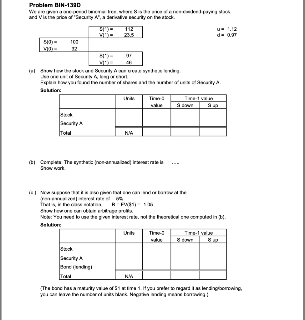  Problem BIN-139D We are given a one-period binomial tree, where S