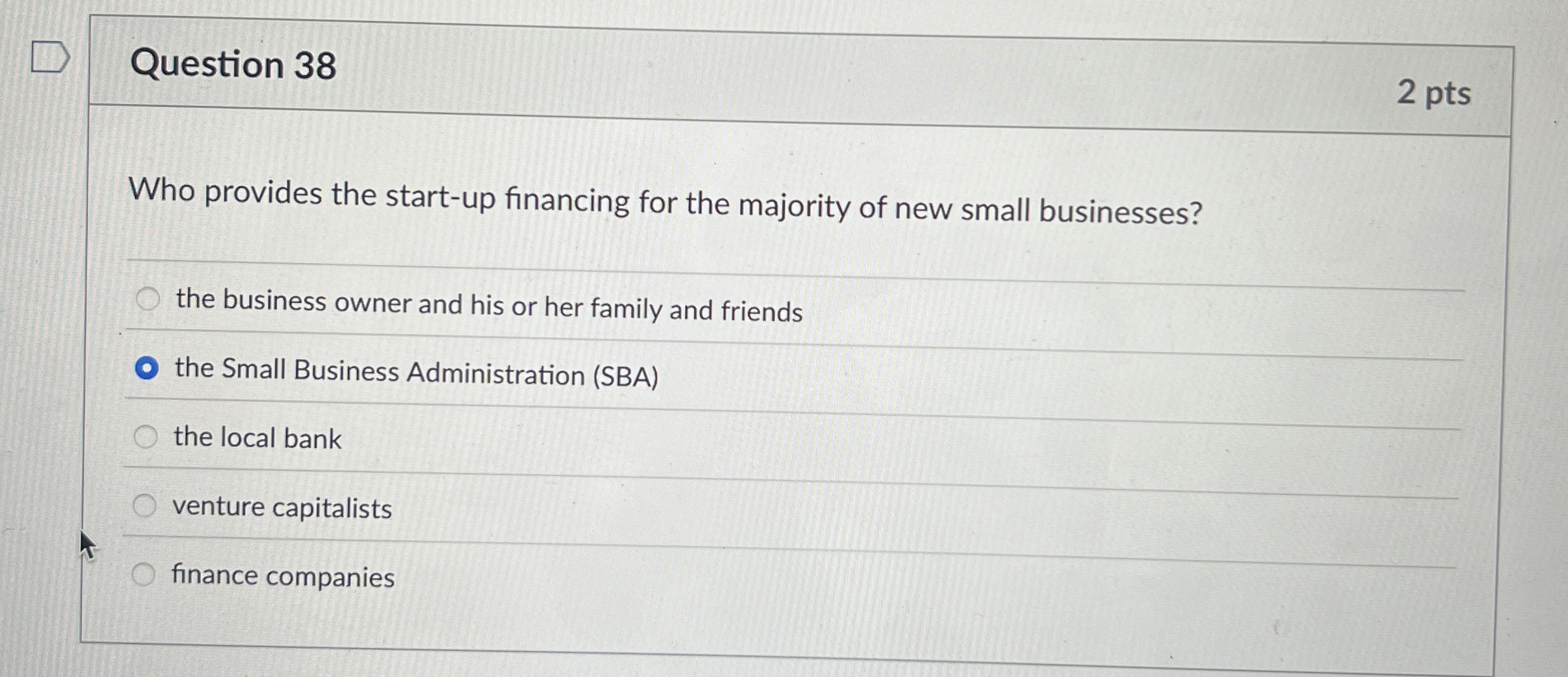  Question 38 Who provides the start-up financing for the majority of