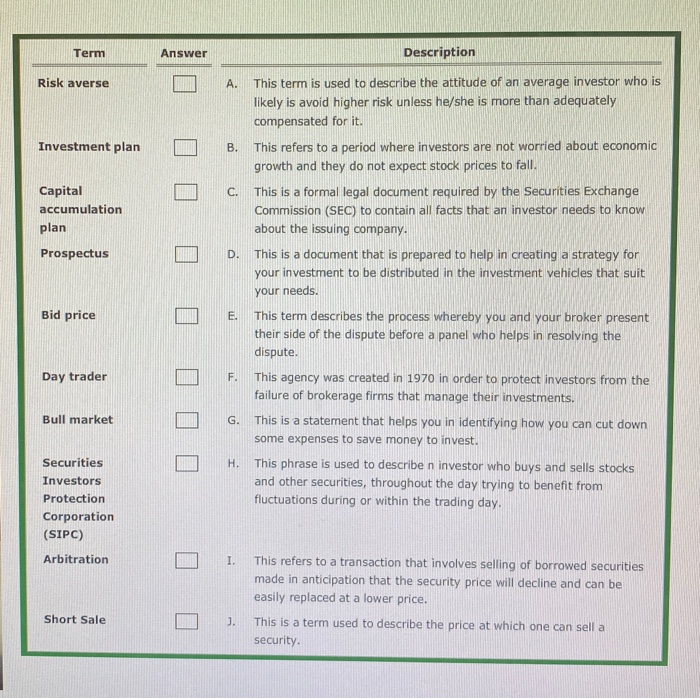  Term Answer Description Risk averse A. This term is used to