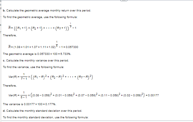 the geometric average monthly return over this period. c. Calculate the monthly