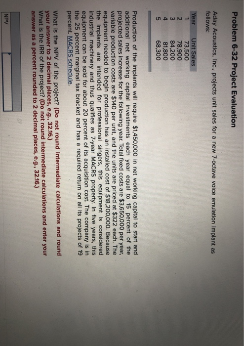  Problem 6-32 Project Evaluation Aday Acoustics, Inc., projects unit sales for