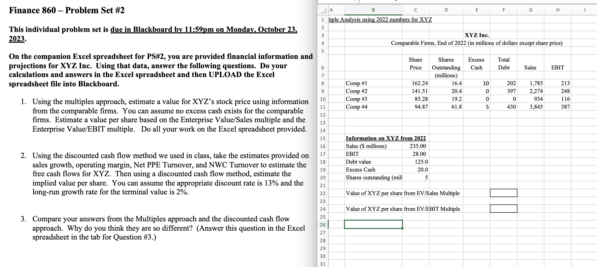  Finance 860- Problem Set #2 This individual problem set is due