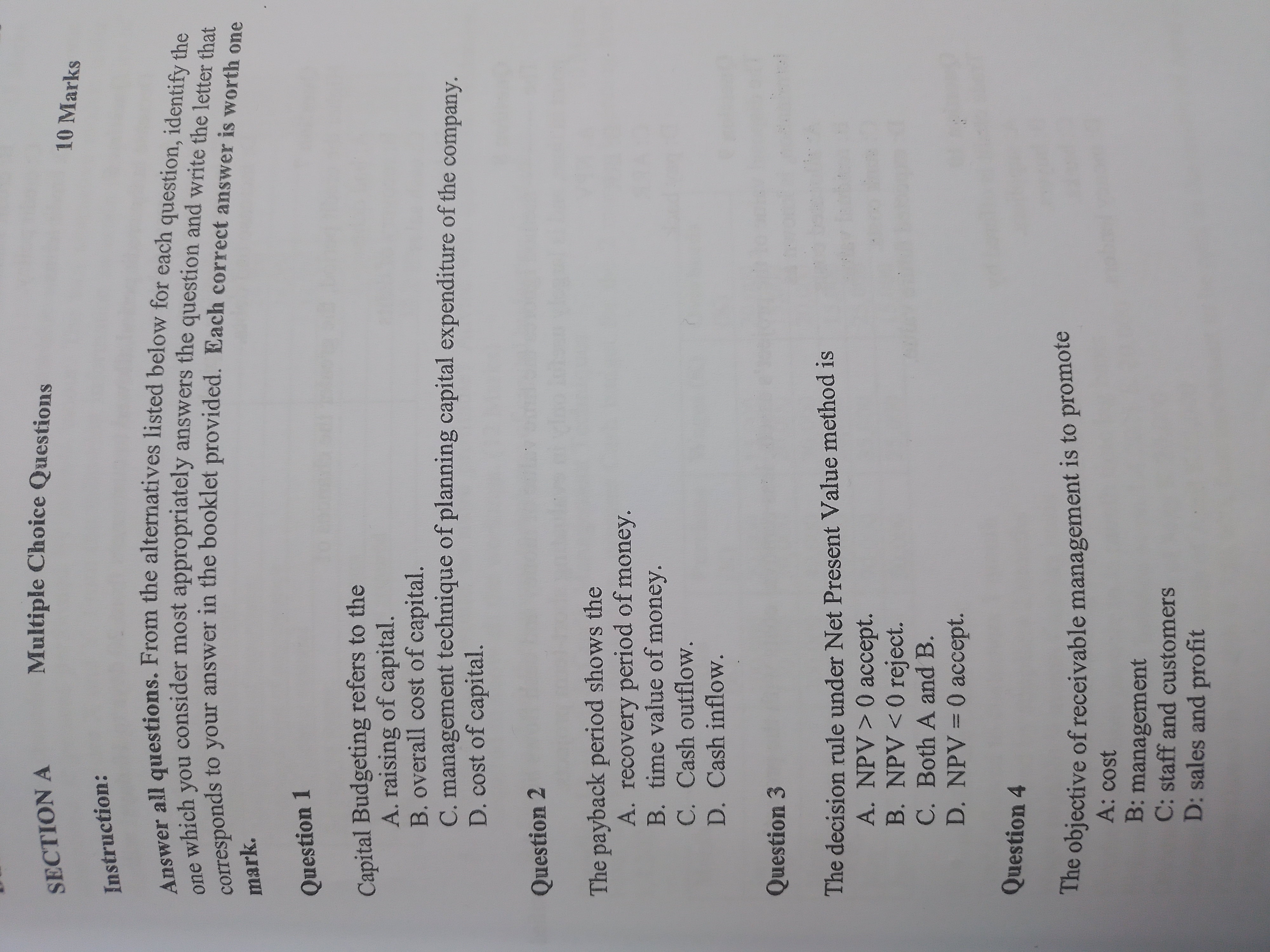  SECTION A Multiple Choice Questions 10 Marks Instruction: Answer all questions.
