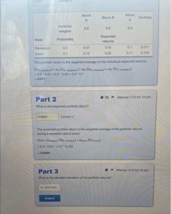 rates of return for three stocks and their Part 1 Attempt 1/10