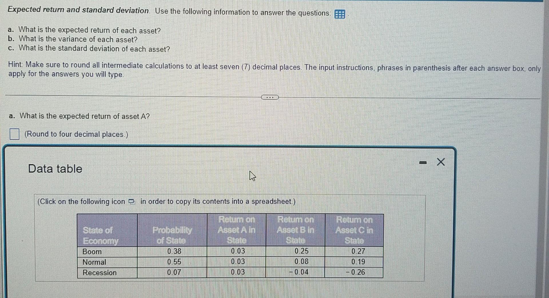 Expected return and standard deviation. Use the following information to answer