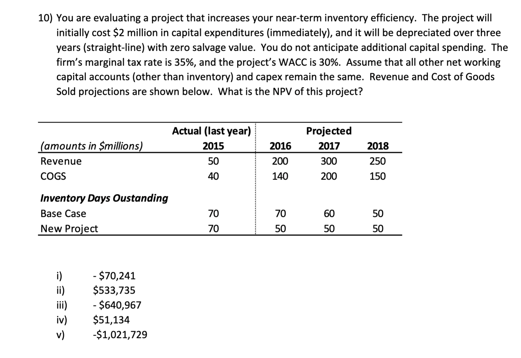  10) You are evaluating a project that increases your near-term inventory