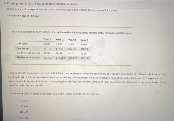 Ch 12: Assignment - Cash Flow Estimation and Risk Analysis Companies
