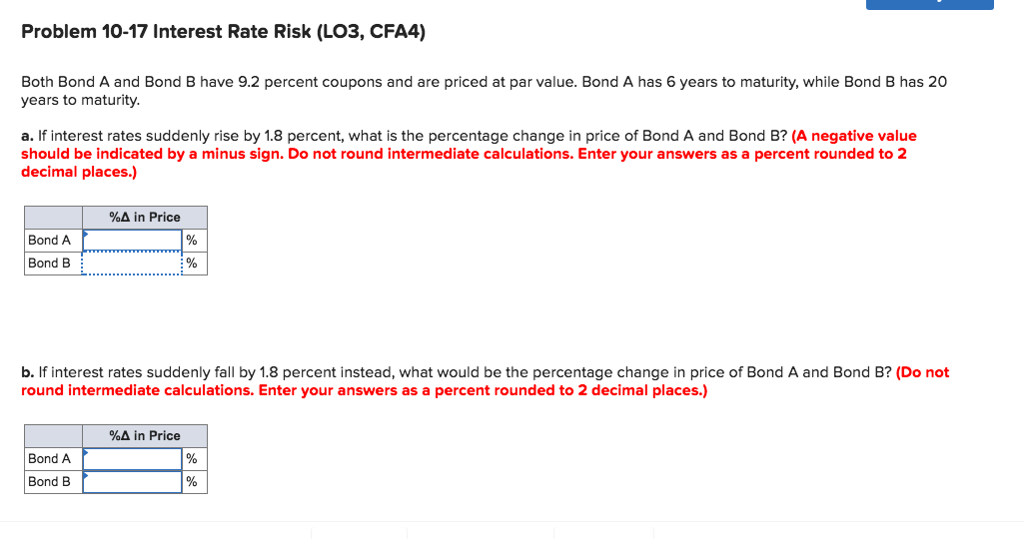 Problem 10-17 Interest Rate Risk (LO3, CFA4) Both Bond A and