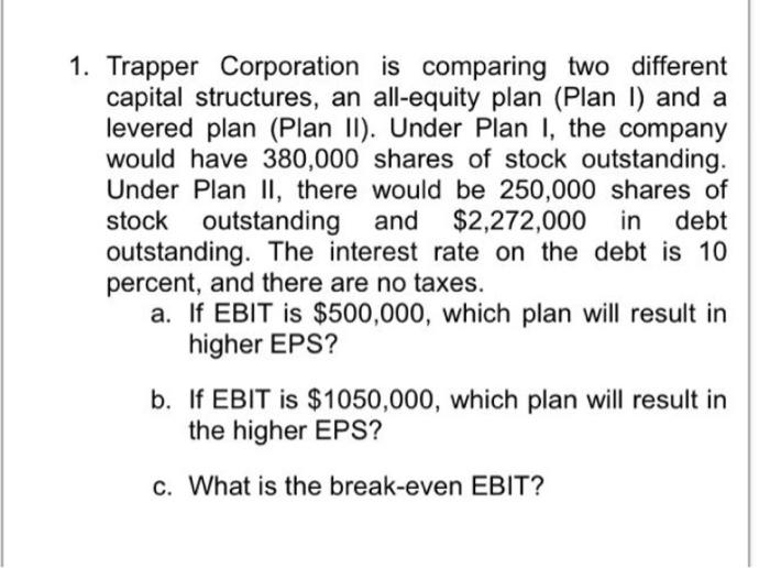  1. Trapper Corporation is comparing two different capital structures, an all-equity
