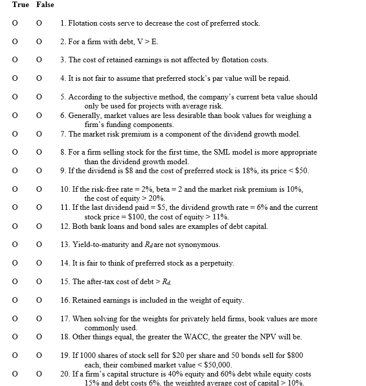  True False o O 1. Flotation costs serve to decrease the