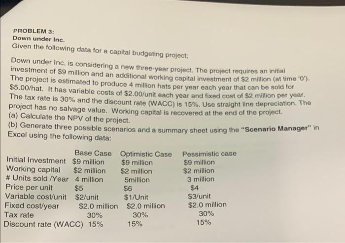 following data for a capital budgeting project: Down under Inc. is considering
