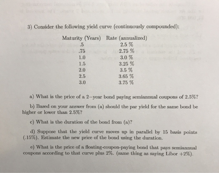  3) Consider the following yield curve (continuously compounded): Maturity (Years) Rate