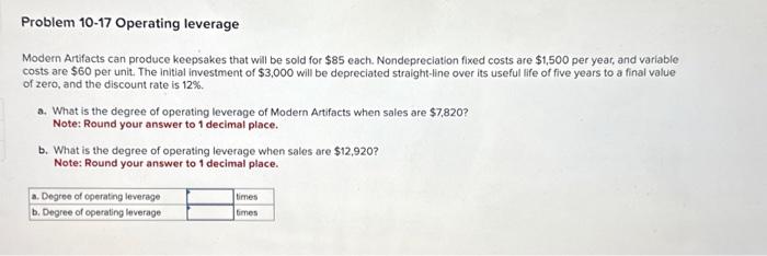  Problem 10-17 Operating leverage Modern Artifacts can produce keepsakes that will