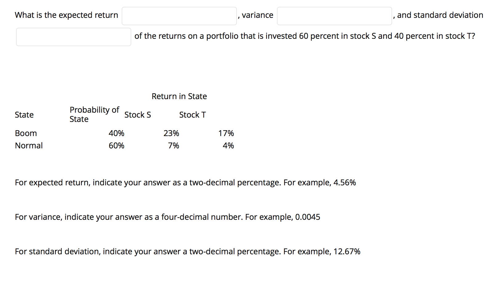  What is the expected return variance and standard deviation of the