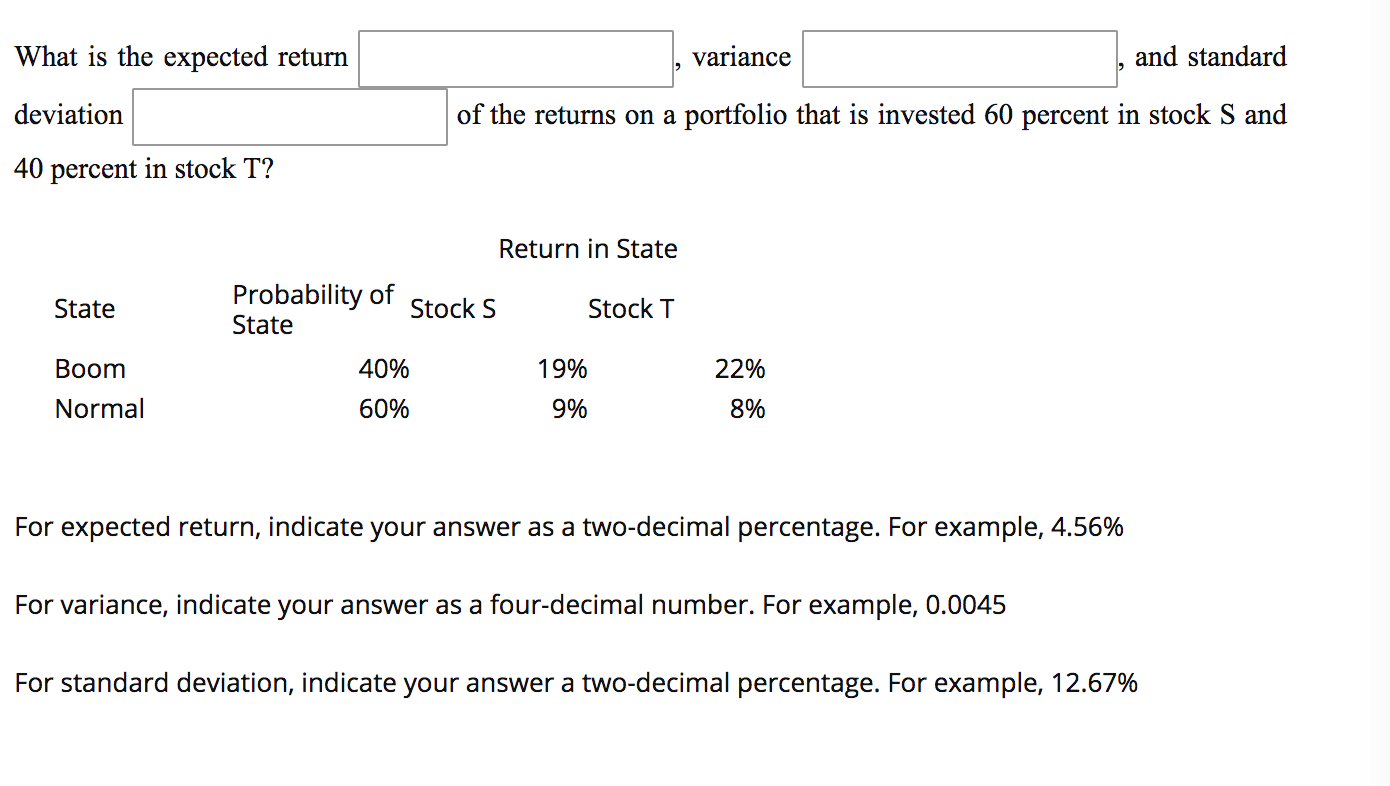  What is the expected return variance and standard deviation of the