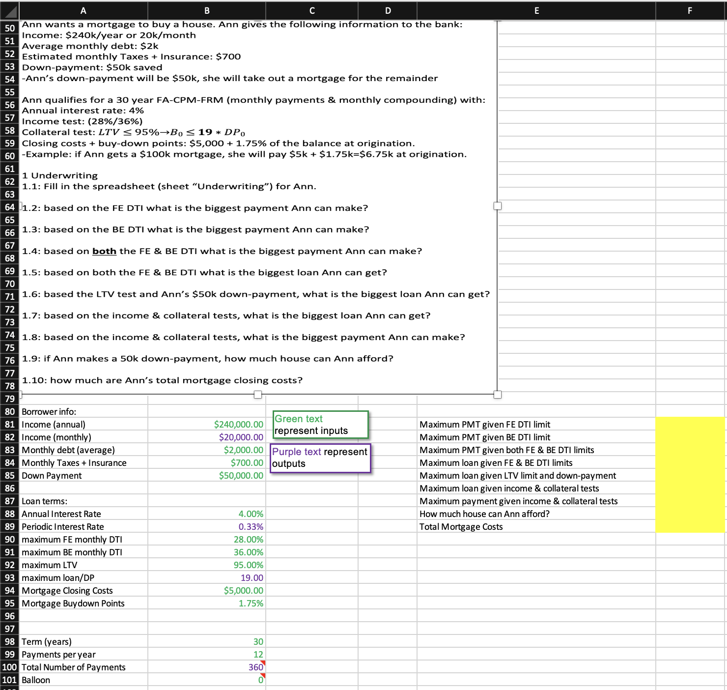 This is one full question, Fill in the YELLOW highlighted boxes 1.2-1.10.