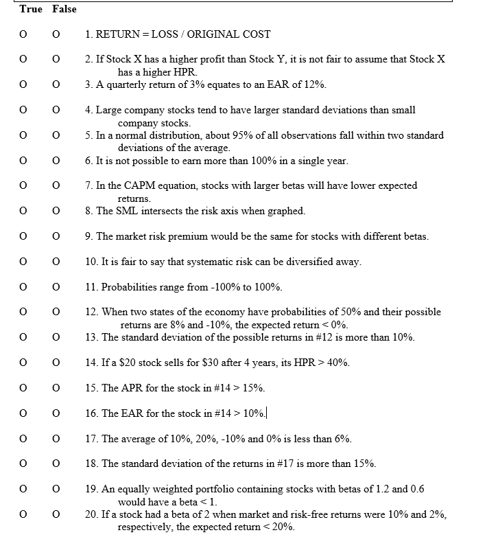 True False O o 1. RETURN = LOSS / ORIGINAL COST