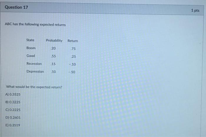  also what would be the variance? Question 17 1 pts ABC