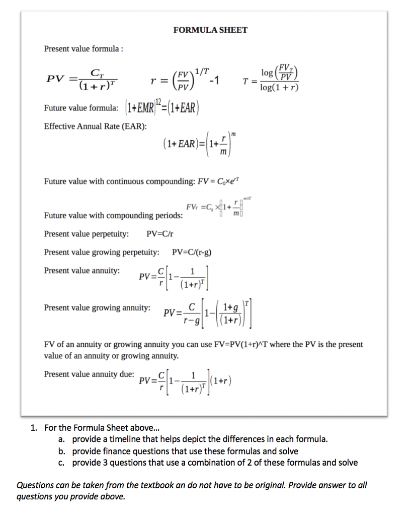  FORMULA SHEET Present value formula: FV1/T lo log(1 + r) Future