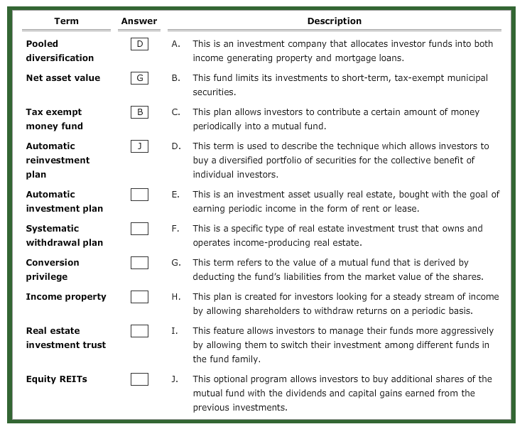 Term Answer Description Pooled diversification Net asset value A. This is