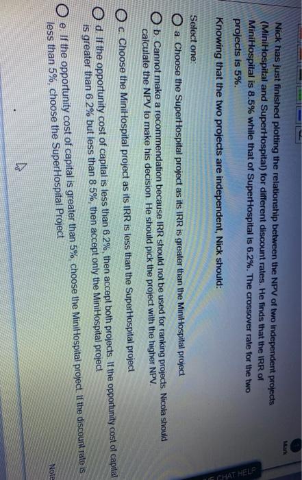  Nick has just finished plotting the relationship between the NPV of