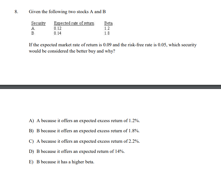8. Given the following two stocks A and B Security B