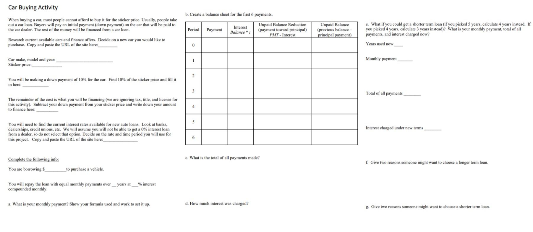 Car Buying Activity b. Create a balance sheet for the first