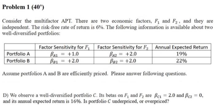  Problem 1 (40') Consider the multifactor APT. There are two economic