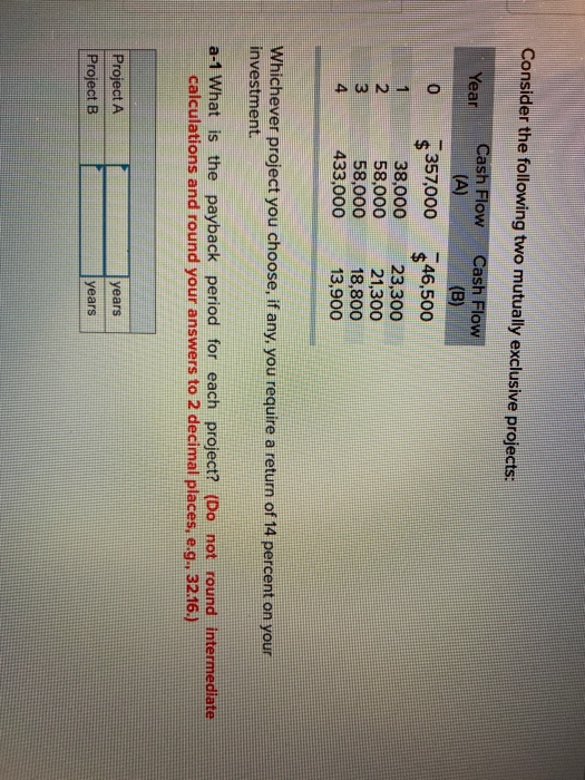  Consider the following two mutually exclusive projects: Cash Flow Year (A)